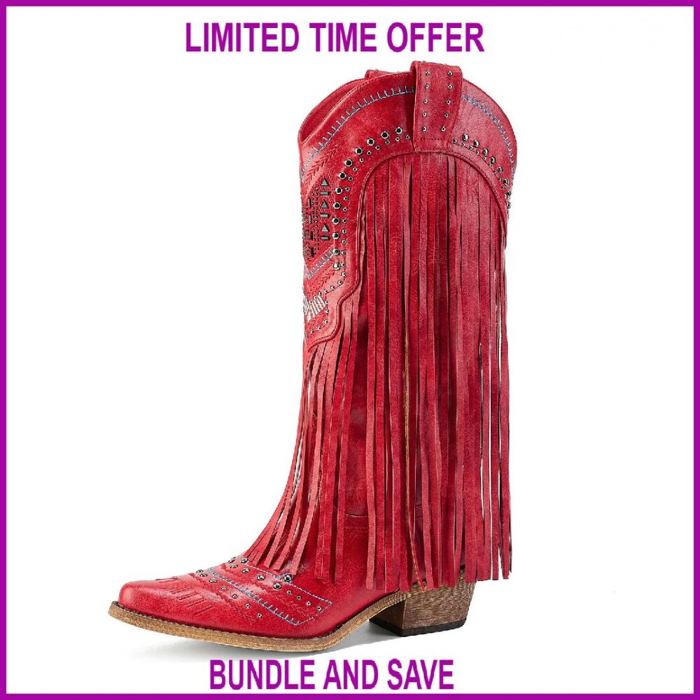 Knee High Fringe Cowboy Boots Wide Calf Embroidered Snip Toe Pull On